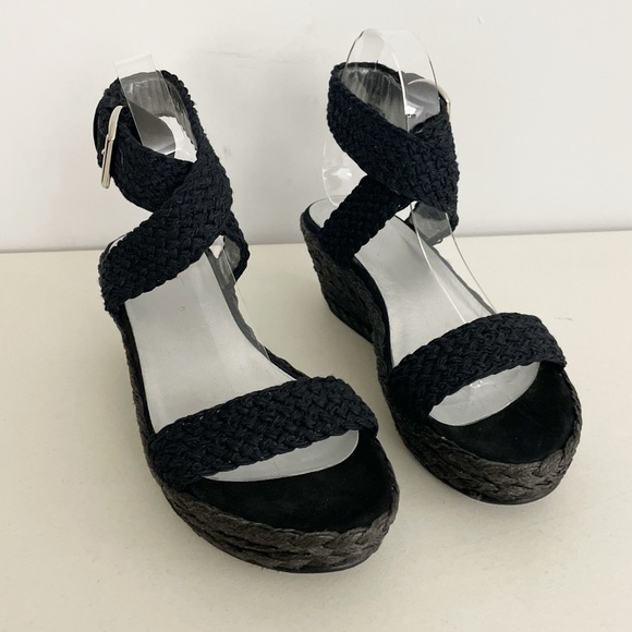 Stuart Weitzman Alex lo Wedge Espadrille Strappy Sandals Size 7.5 Black Woven - Picture 1 of 14